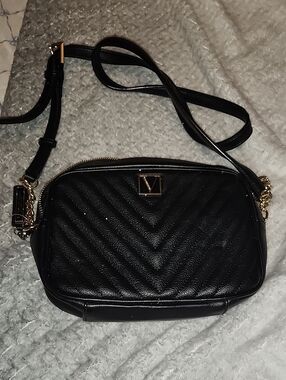 Victoria's Secret Black Quilted Chevron Crossbody with Gold Trim